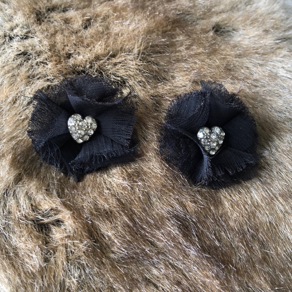 Black Tulle Post Earrings w/ Silver Tone Hearts